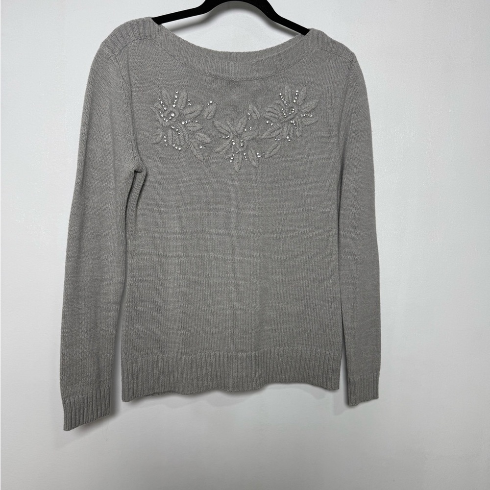 New York & Company Gray Embroidered Knit Sweater Long Sleeve Size S